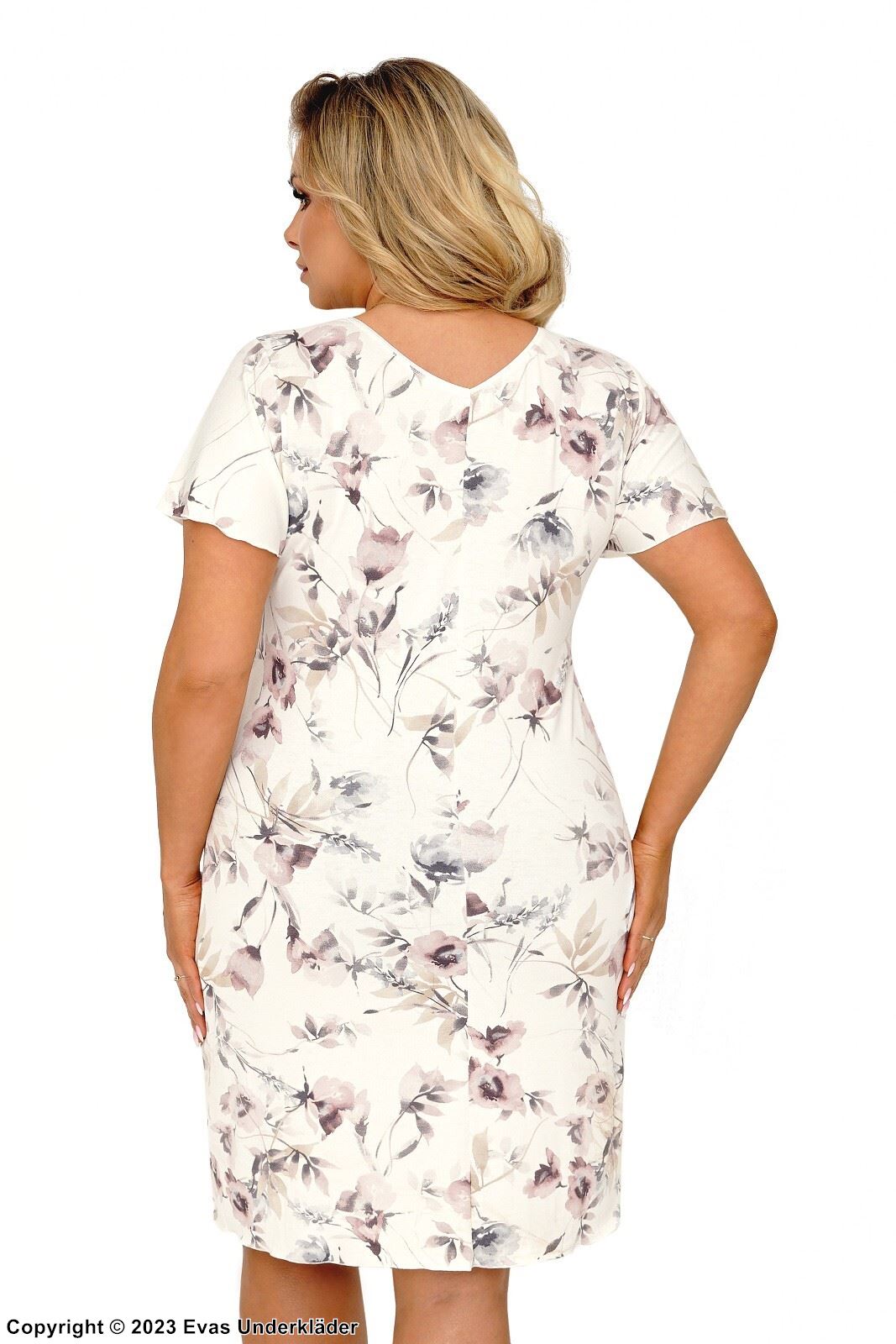 Nightie, high quality viscose, lace trim, short sleeves, flowers, plus size